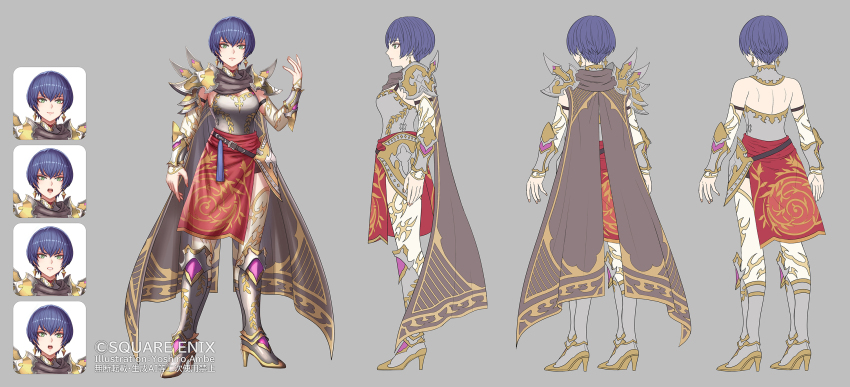 1girl :o anbe_yoshirou angry armor artist_name blue_hair boots breastplate breasts cape closed_mouth commentary_request copyright_notice earrings expressionless full_body green_eyes grey_background grey_boots grey_cape high_heel_boots high_heels highres jewelry knee_boots medium_breasts minerva_(romancing_saga_2) multiple_expressions official_art open_mouth red_nails romancing_saga_2 saga short_hair smile standing surprised thighhighs vambraces