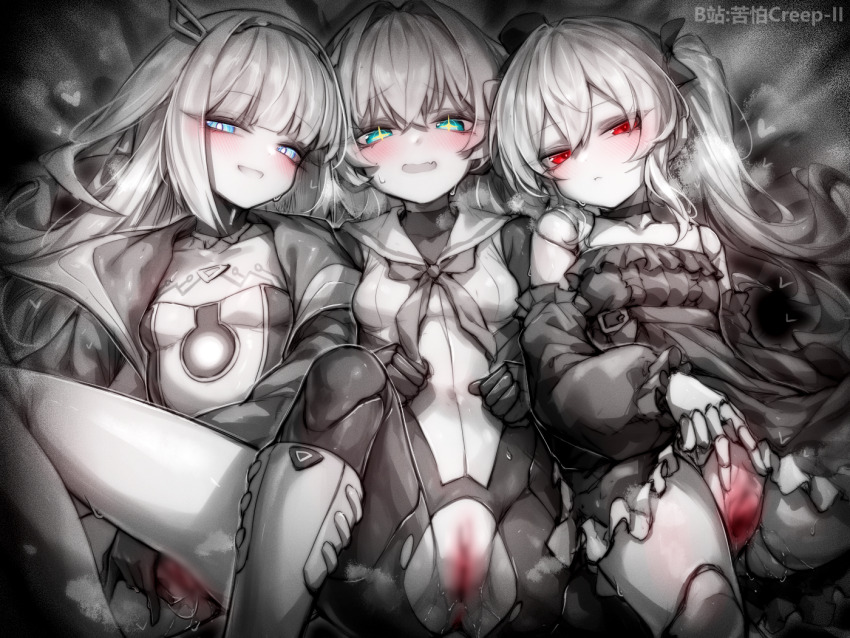 3girls blue_eyes blush doll_joints eudie_(shadowverse) joints kupa_(jesterwii) long_hair multiple_girls orchis ralmia_(shadowverse) red_eyes shadowverse spot_color