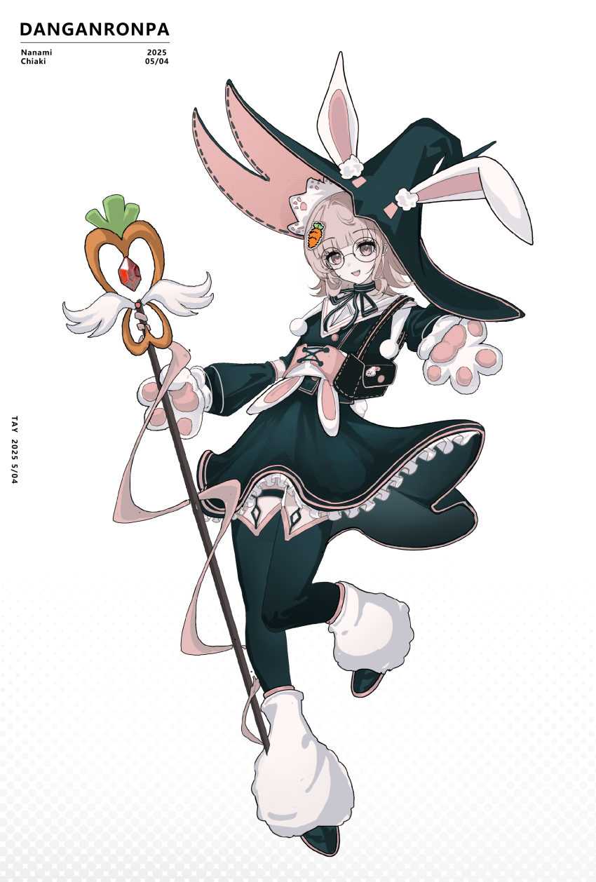 1girl :d absurdres alternate_costume alternate_hair_ornament animal_ears animal_hands black_choker black_dress black_hat black_ribbon black_thighhighs carrot_hair_ornament character_name choker copyright_name danganronpa_(series) danganronpa_2:_goodbye_despair dated dress fake_animal_ears food-themed_hair_ornament gloves hair_ornament hat highres holding holding_staff isekai_douyou_(chant) long_sleeves medium_hair nanami_chiaki neck_ribbon open_mouth paw_gloves pink_hair ribbon shoes simple_background smile staff thighhighs white_background witch_hat
