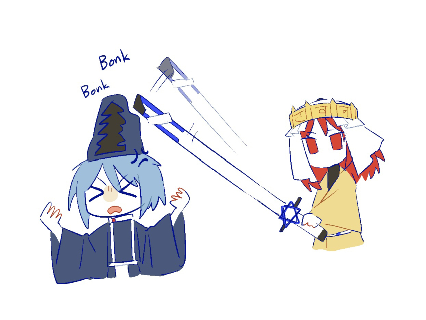 &gt;_&lt; 2others afterimage androgynous anger_vein angry belt belt_buckle black_shirt blue_hat buckle chibi commentary_request cropped_torso crown flat_color frown hat hexagram hitting holding holding_sword holding_weapon japanese_clothes kariginu kashiwagi_kaoru kimono len&#039;en long_hair long_sleeves multiple_others no_mouth ooya_kunimitsu open_mouth other_focus pagoda partial_commentary re1re133 red_eyes red_hair shirt simple_background sound_effects star_of_david sword tate_eboshi turtleneck turtleneck_shirt veil weapon white_background white_belt white_veil wide_sleeves yellow_crown yellow_kimono