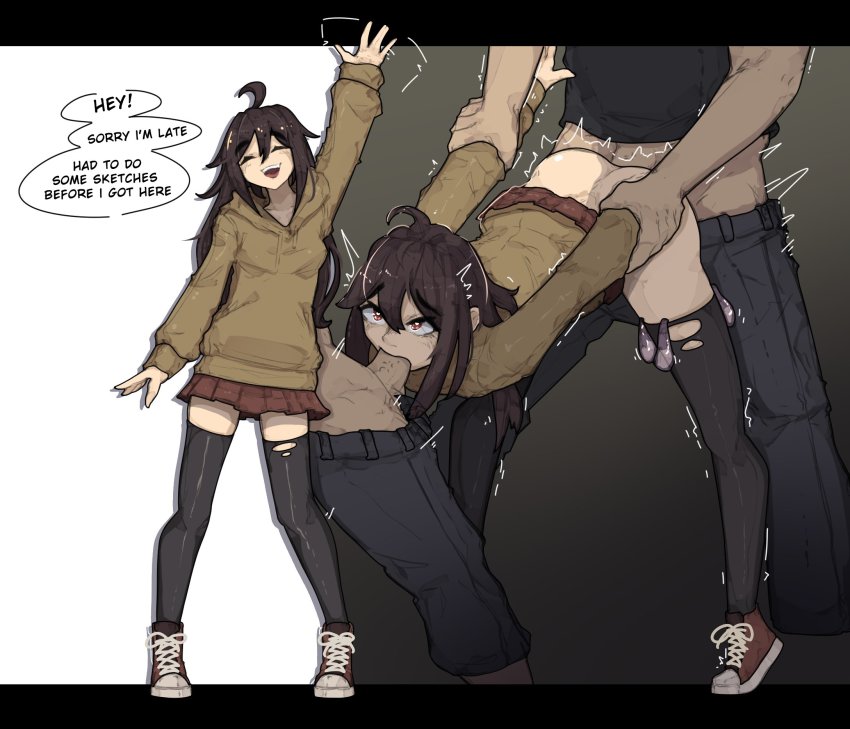 1girl 2boys :d ahoge arm_up before_and_after bent_over black_pants black_shirt black_thighhighs borrowed_character brown_footwear brown_hoodie brown_skirt closed_eyes clothes_lift commission condom condom_belt english_text fellatio full_body group_sex heart heart-shaped_pupils hetero highres holding_another&#039;s_arm holding_another&#039;s_wrist hood hood_down hoodie instant_loss irrumatio letterboxed mae_(maenchu) miniskirt mmf_threesome multiple_boys multiple_condoms multiple_views no_panties open_mouth oral original pants penis sex sex_from_behind shirt shoes shuuko_(s_h_uuko) skirt skirt_around_belly skirt_lift smile speech_bubble spitroast standing standing_sex symbol-shaped_pupils teeth thighhighs threesome tiptoes trembling upper_teeth_only used_condom waving