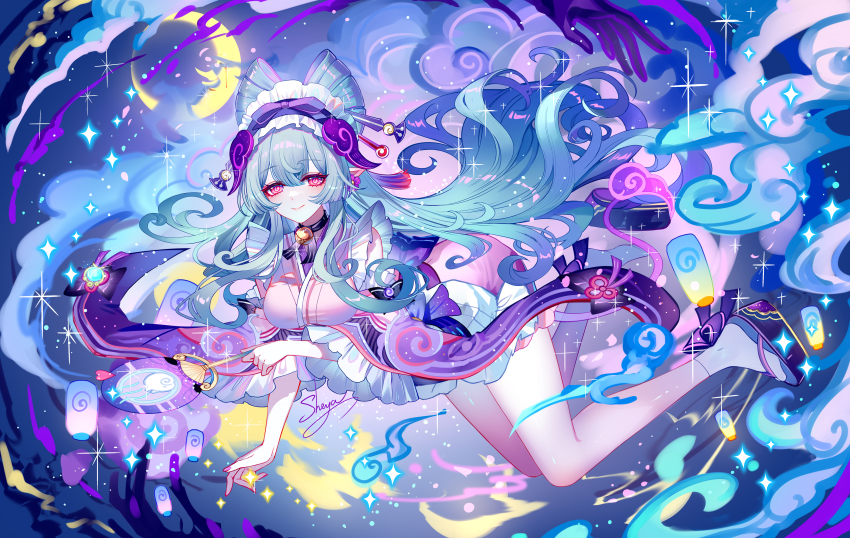 1girl absurdres aqua_hair bell black_sandals closed_mouth detached_sleeves frilled_hairband frilled_sleeves frills full_body genshin_impact hairband highres japanese_clothes kimono looking_at_viewer neck_bell nihongami obi_bow pink_kimono pink_sleeves pointy_ears purple_tail sandals sash sheya sleeve_bow sleeveless sleeveless_kimono smile socks tabi tail tapir_tail white_hairband white_sash white_socks yumemizuki_mizuki