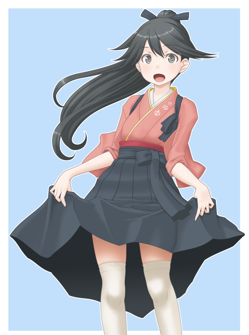 1girl black_hair black_hakama blue_background border commentary_request grey_eyes hakama hakama_hold hakama_short_skirt hakama_skirt highres houshou_(kancolle) japanese_clothes kantai_collection kimono lifting_own_clothes looking_at_viewer open_mouth pink_kimono ponytail skirt solo standing t2r tasuki thighhighs two-tone_background white_border white_thighhighs