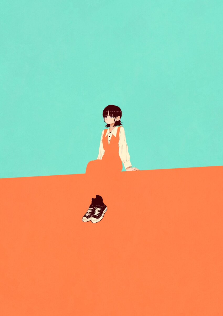 1girl aqua_background black_hair black_shoes blending collared_shirt dress expressionless highres long_sleeves orange_background orange_dress original shirt shoes short_hair sitting socks solo syooooyoooo two-tone_background white_shirt wide_shot