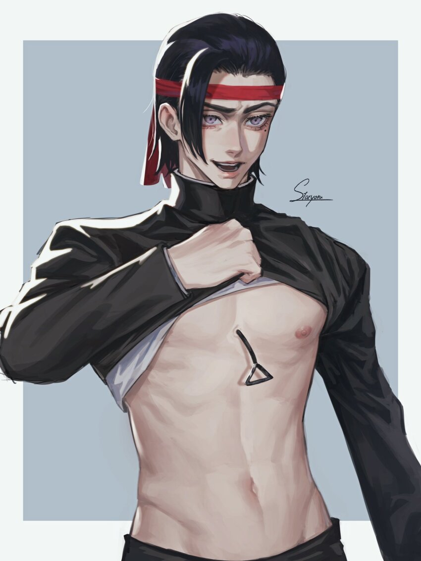 1boy artist_name black_hair chainsaw_man clothes_lift gakuran headband highres iseumi_haruka looking_at_viewer male_focus midriff mole mole_under_eye nipples open_mouth red_headband school_uniform shirt_lift short_hair signature single_sidelock smile solo staryoruu toned toned_male