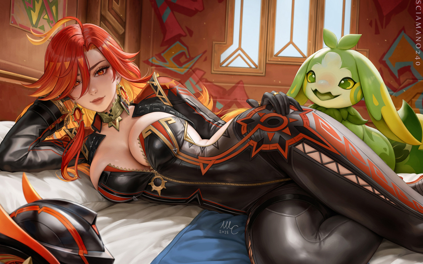 1girl ahoge artist_name bed biker_clothes bikesuit black_bodysuit black_gloves black_jacket bodysuit breasts closed_mouth commentary earrings english_commentary genshin_impact gloves hair_between_eyes hand_on_own_hip head_rest helmet indoors jacket jewelry large_breasts lips long_hair long_sleeves looking_at_viewer lying mavuika_(genshin_impact) multicolored_hair on_bed on_side orange_eyes orange_hair paid_reward_available red_hair revision sciamano240 sideless_outfit smile solo symbol_in_eye two-tone_hair unworn_headwear unworn_helmet yumkasaurus_(genshin_impact) zipper_pull_tab