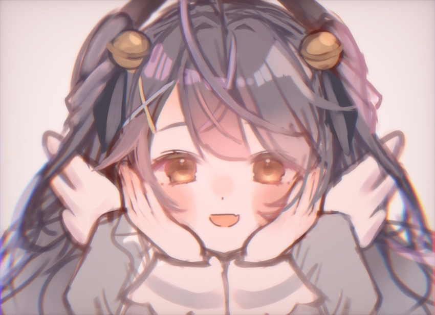 1girl amamiya_kokoro bell brown_eyes dot_nose eyelashes fang grey_background hair_bell hair_ornament hands_on_own_face long_hair looking_at_viewer mi_oxo_9m nijisanji open_mouth skin_fang solo upper_body virtual_youtuber wings