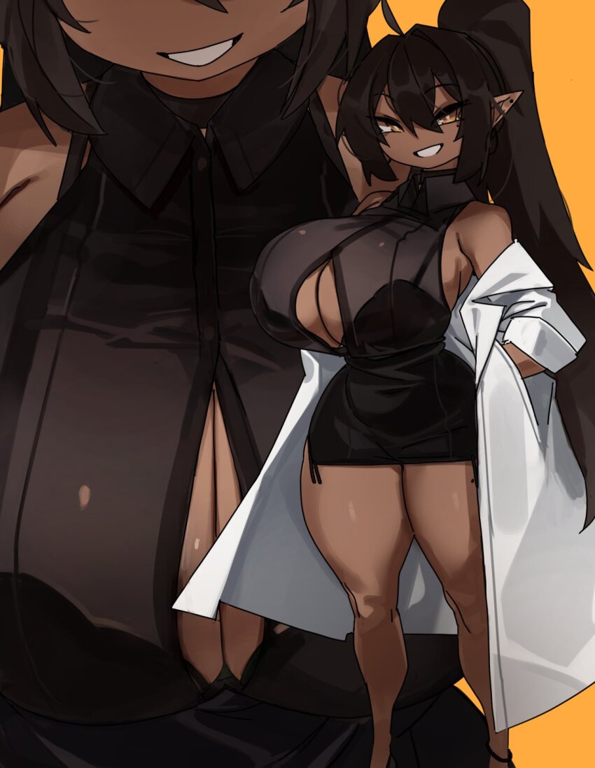 ahoge black_dress black_shirt breasts brown_hair cleavage coat collared_shirt dark-skinned_female dark_skin dress earrings grin highres huge_breasts jewelry original pointy_ears ponytail river_(zana) shirt short_dress shortstack smile stud_earrings thick_thighs thighs underboob white_coat zanamaoria