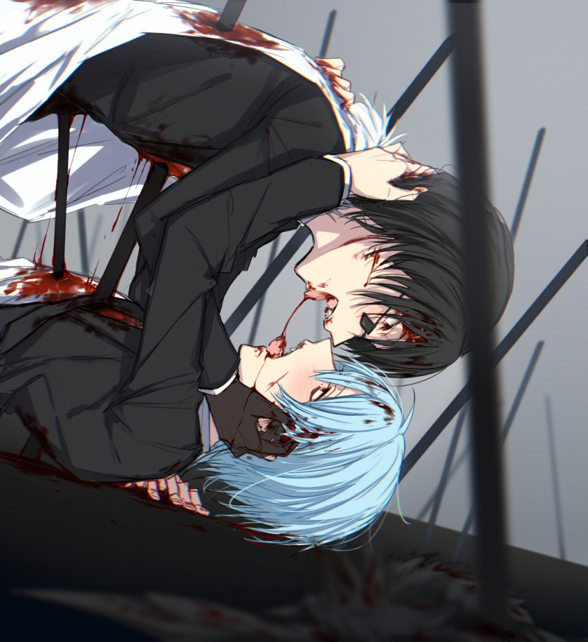 2boys aam09212 bags_under_eyes black_hair blood blood_on_face blue_hair french_kiss fur_trim gloves highres kiss male_focus multiple_boys murder official_alternate_costume red_eyes servamp short_hair sleepy_ash sunglasses tsubaki_(servamp) yaoi
