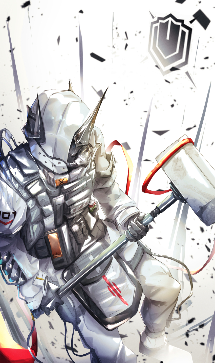 1girl absurdres arknights black_gloves commentary foot_out_of_frame gloves hammer highres holding holding_hammer holding_weapon hood hood_up jumpsuit long_sleeves mudrock_(arknights) mudrock_(elite_ii)_(arknights) sledgehammer solo standing tree_0404 weapon white_jumpsuit