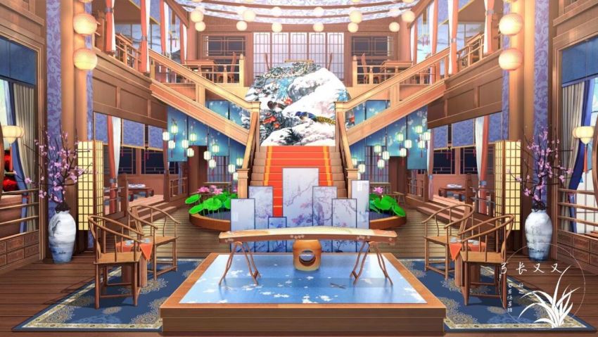 architecture artist_name carpet chair cherry_blossoms chinese_commentary commentary_request cup curtains east_asian_architecture flower guzheng instrument lantern lily_pad lotus no_humans original painting_(object) plant plate scenery stairs stool table teacup vase wooden_floor xingzhi_lv