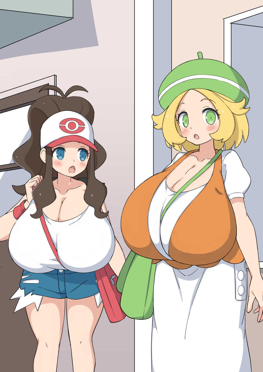 2girls @sabonbold absurdres ahoge antenna_hair bianca_(pokemon) black_hair blonde_hair blue_eyes blush breasts denim denim_shorts dot_nose eyelashes green_eyes green_hat hat highres hilda_(pokemon) huge_breasts legs long_hair multiple_girls nintendo open_mouth pokemon pokemon_bw ponytail shirt short_hair short_shorts shorts skirt standing white_shirt white_skirt