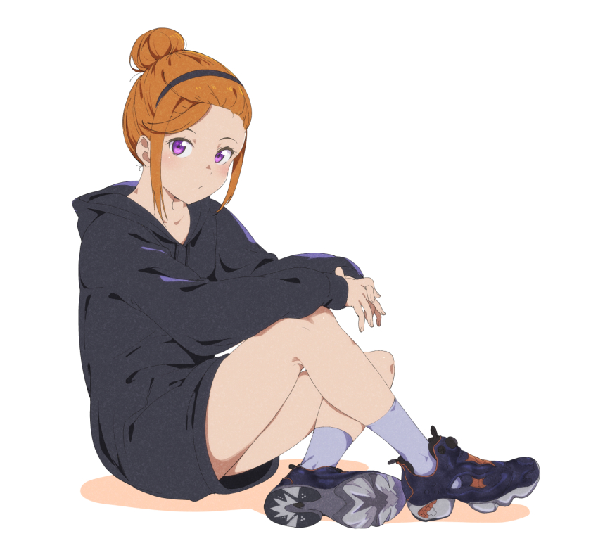 1girl bare_legs black_hairband black_hoodie black_shoes forehead full_body hair_bun hair_up hairband highres hood hood_down hoodie kneehighs long_sleeves looking_at_viewer love_live! love_live!_superstar!! orange_hair purple_eyes purple_socks reebok reebok_pump sato_uma shibuya_kanon shoes simple_background single_hair_bun sitting sneakers socks solo white_background