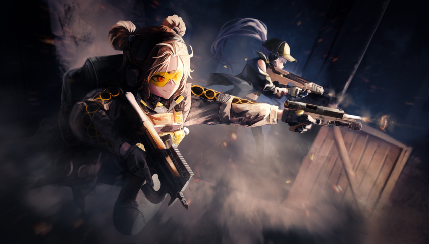 2girls bullpup commentary desert_tech_mdr dindsau double_bun dual_wielding ear_protection english_commentary firing floating_hair fn_five-seven girls&#039;_frontline gloves grey_hair griffin_&amp;_kryuger_logo gun hair_bun handgun highres holding holding_gun holding_weapon mdr_(ddos_attack_force)_(girls&#039;_frontline) mdr_(girls&#039;_frontline) multiple_girls muzzle_flash official_alternate_costume p90 p90_(girls&#039;_frontline) p90_(phantasmal_vanguard)_(girls&#039;_frontline) parted_lips pdw-caliber_pistol personal_defense_weapon red_eyes smile submachine_gun sunglasses tinted_eyewear trigger_discipline weapon wooden_box yellow-tinted_eyewear