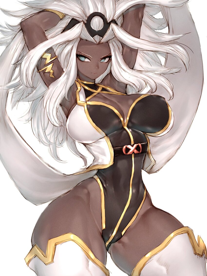 1girl armpits arms_up black_leotard blue_eyes breasts cleavage closed_mouth dark-skinned_female dark_skin earrings fumio_(rsqkr) hair_intakes highres jewelry large_breasts leotard long_hair looking_to_the_side marvel marvel_tokon:_fighting_souls short_hair simple_background solo storm_(x-men) superhero_costume thick_thighs thighhighs thighs very_dark_skin white_background white_hair white_thighhighs x-men