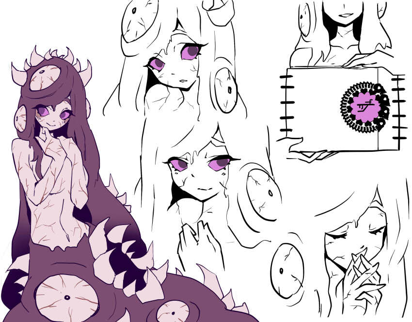 1girl bloodshot_eyes book breasts colored_sclera crossover eternal_darkness:_sanity&#039;s_requiem extra_eyes extra_mouth glowing glowing_eyes glyph heart_(symbol) highres long_hair looking_at_viewer mantorok medium_breasts monster_girl nintendo open_mouth personification purple_eyes purple_hair purple_sclera sharp_teeth sigil silicon_knights simple_background skull slime_(creature) slime_girl spine sucker_for_love tail teeth tn_scallion tome_of_eternal_darkness topless_female veins very_long_hair white_background
