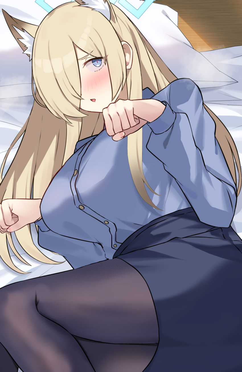 1girl :o animal_ear_fluff animal_ears blonde_hair blue_archive blue_eyes blue_halo blue_shirt blue_skirt blush breasts dog_ears extra_ears hair_over_one_eye halo highres kanna_(blue_archive) large_breasts long_hair looking_at_viewer lying mi_taro333 on_side pantyhose paw_pose shirt skirt solo
