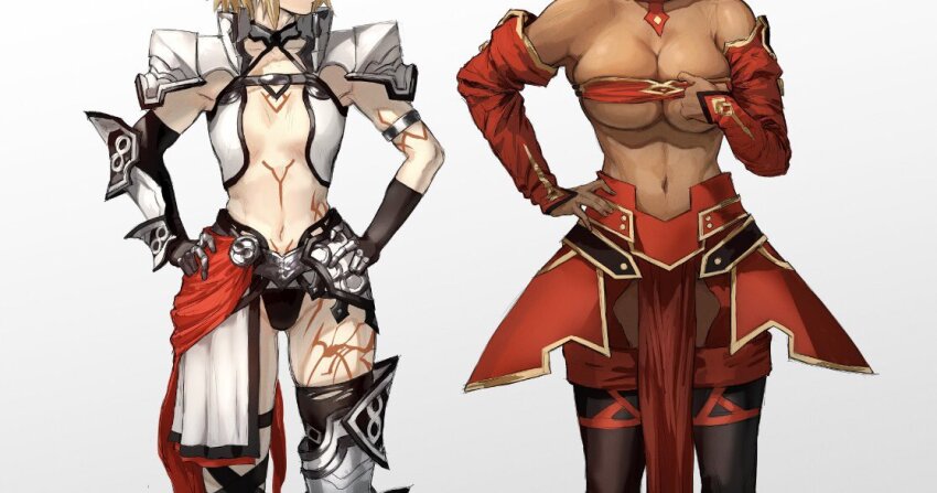 2girls armor bare_shoulders black_gloves black_thighhighs blonde_hair breasts caenis_(fate) caenis_(fate)_(cosplay) cleavage cosplay costume_switch dark-skinned_female dark_skin detached_sleeves fate/apocrypha fate/grand_order fate_(series) gloves greaves hand_on_own_hip hands_on_own_hips head_out_of_frame large_breasts mordred_(fate) mordred_(fate/apocrypha) mordred_(fate/apocrypha)_(cosplay) multiple_girls navel pauldrons shoulder_armor simple_background small_breasts strapless tattoo thighhighs tonko_from tube_top white_background