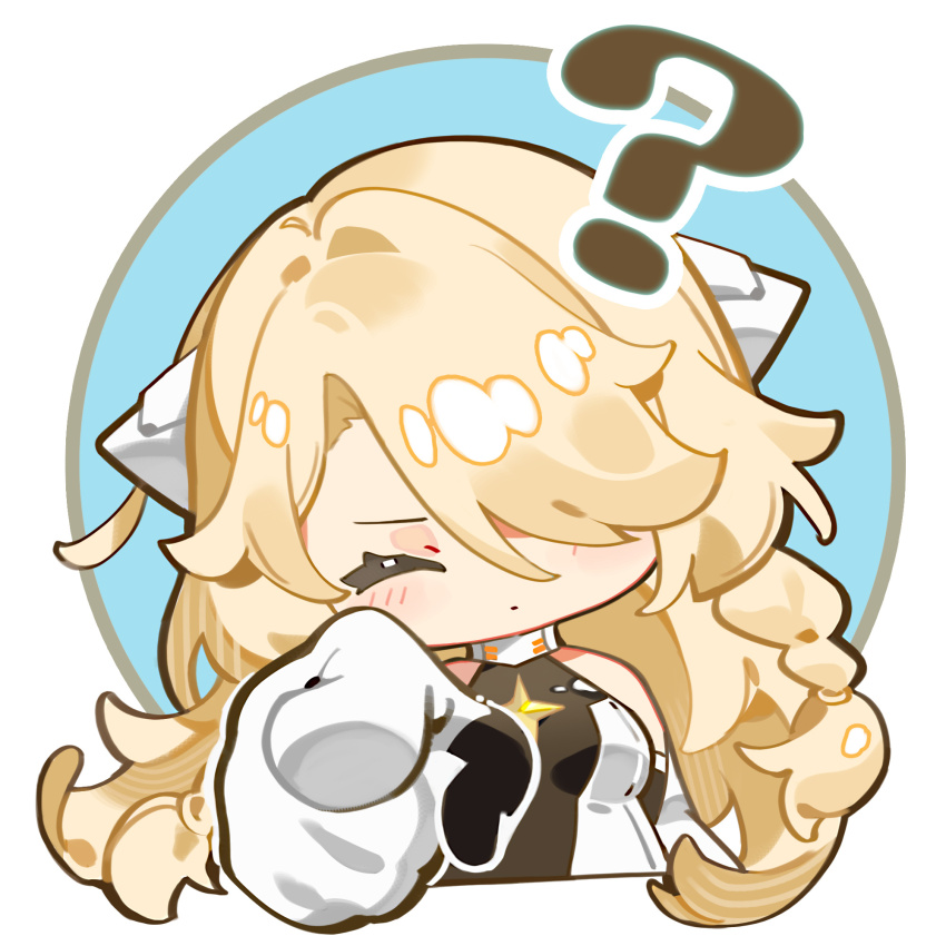 1girl ? angelus_(neural_cloud) artist_request blonde_hair chibi chibi_only chinese_commentary closed_eyes girls&#039;_frontline girls&#039;_frontline_neural_cloud hair_over_one_eye head_tilt highres official_art pointing pointing_at_viewer second-party_source solo