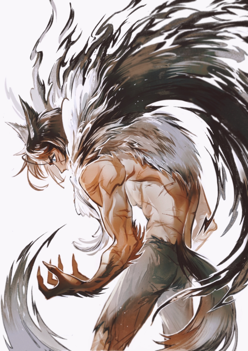 1boy absurdres animal_ears animal_legs ass black_cape blue_eyes blurry cape chinese_commentary claws commentary cookie_run cowboy_shot depth_of_field ears_back facial_scar fingernails floating_cape from_side fur_cape highres humanization hunched_over looking_down male_focus multiple_scars profile scar scar_on_cheek scar_on_face sharp_fingernails shidati solo tail toned toned_male topless_male v-shaped_eyebrows werewolf_cookie white_background