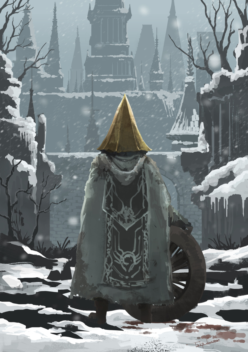 1boy bloodborne boots castle character_request from_behind gloves grey_sky helm helmet highres holding holding_steering_wheel holding_weapon long_sleeves outdoors robe sky solo tripdancer weapon winter