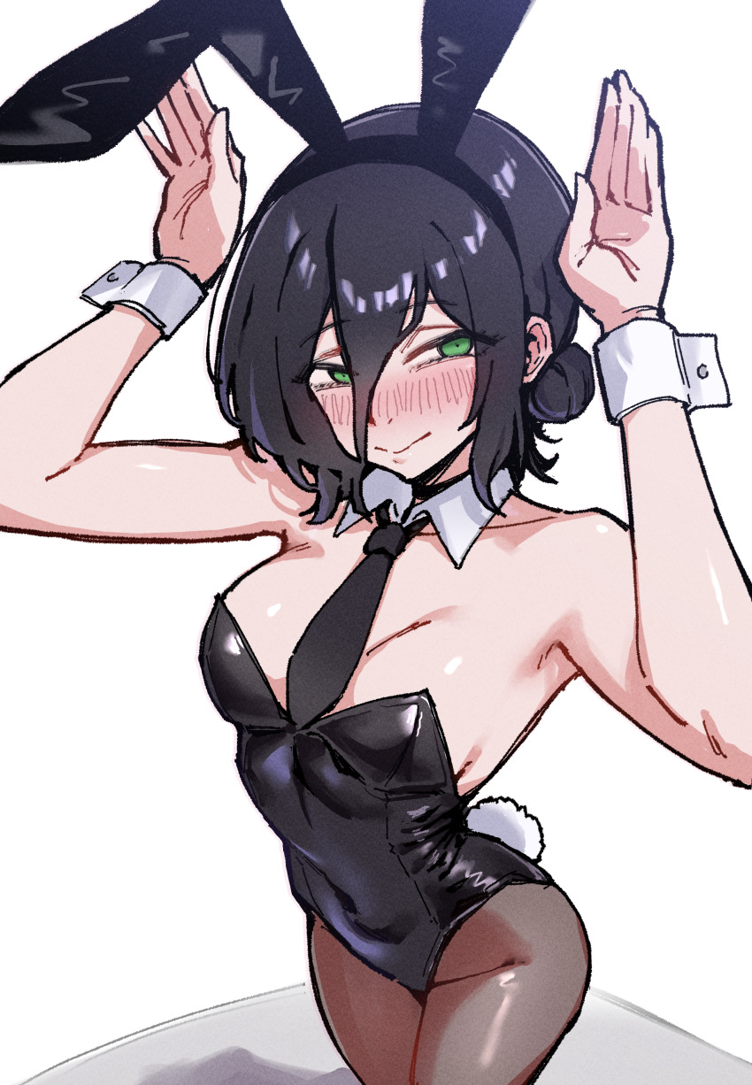 1girl absurdres alternate_costume animal_ear_hairband animal_ears black_hair black_leotard black_necktie blush breasts brown_pantyhose chainsaw_man closed_mouth fake_animal_ears fake_tail green_eyes gyu_(kgh9081) hair_between_eyes hair_bun hairband highleg highleg_leotard highres leotard medium_breasts necktie nose_blush pantyhose playboy_bunny rabbit_ear_hairband rabbit_ears rabbit_pose rabbit_tail reze_(chainsaw_man) smile solo strapless strapless_leotard tail white_wrist_cuffs wrist_cuffs