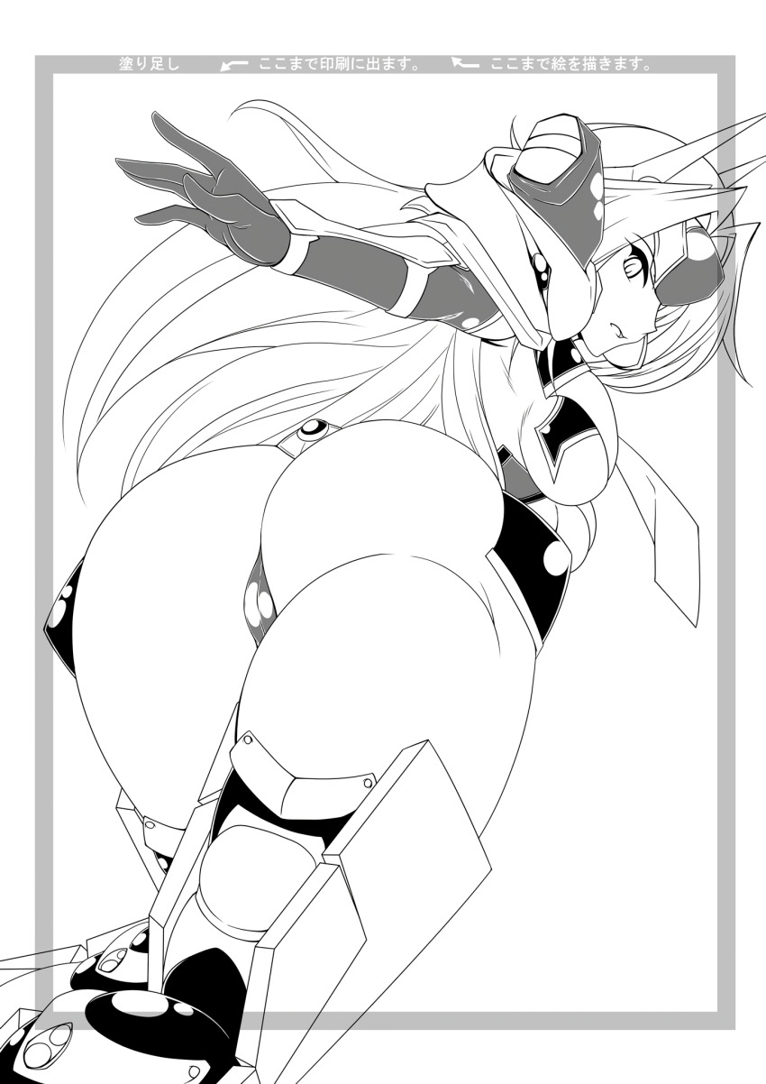 1girl ass bent_over blazblue breasts from_behind highres huge_ass legs long_hair looking_at_viewer looking_back medium_breasts monochrome mu-12 sideboob solo thick_thighs thighs