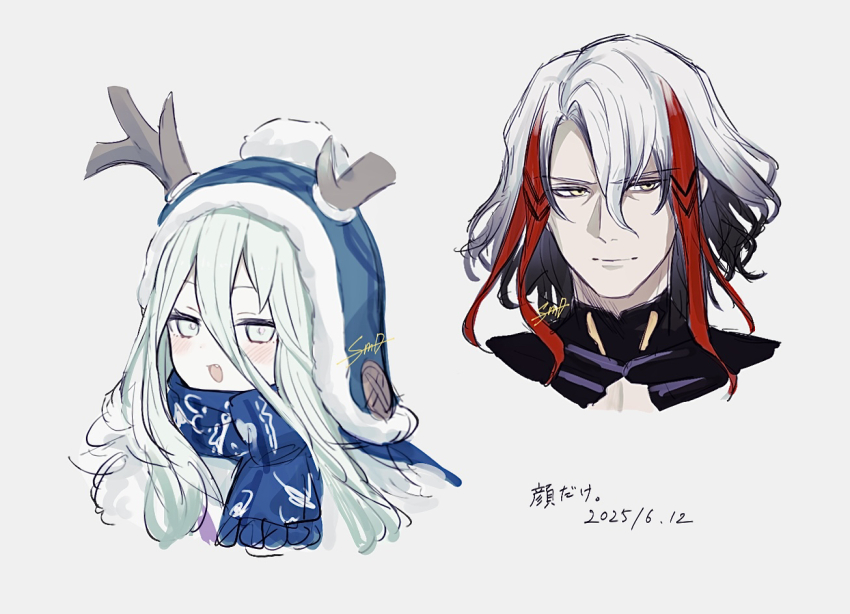 1boy 1girl antlers antlers_through_headwear beanie blue_hat blue_scarf closed_mouth commentary_request dated earflap_beanie fate/grand_order fate_(series) green_eyes green_hair grey_background hair_between_eyes hat horns light_smile long_hair looking_at_viewer louhi_(fate) louhi_(second_ascension)_(fate) multicolored_hair odysseus_(fate) open_mouth pom_pom_(clothes) pom_pom_beanie red_hair scarf simple_background smile streaked_hair sumi_(gfgf_045) translation_request white_hair yellow_eyes