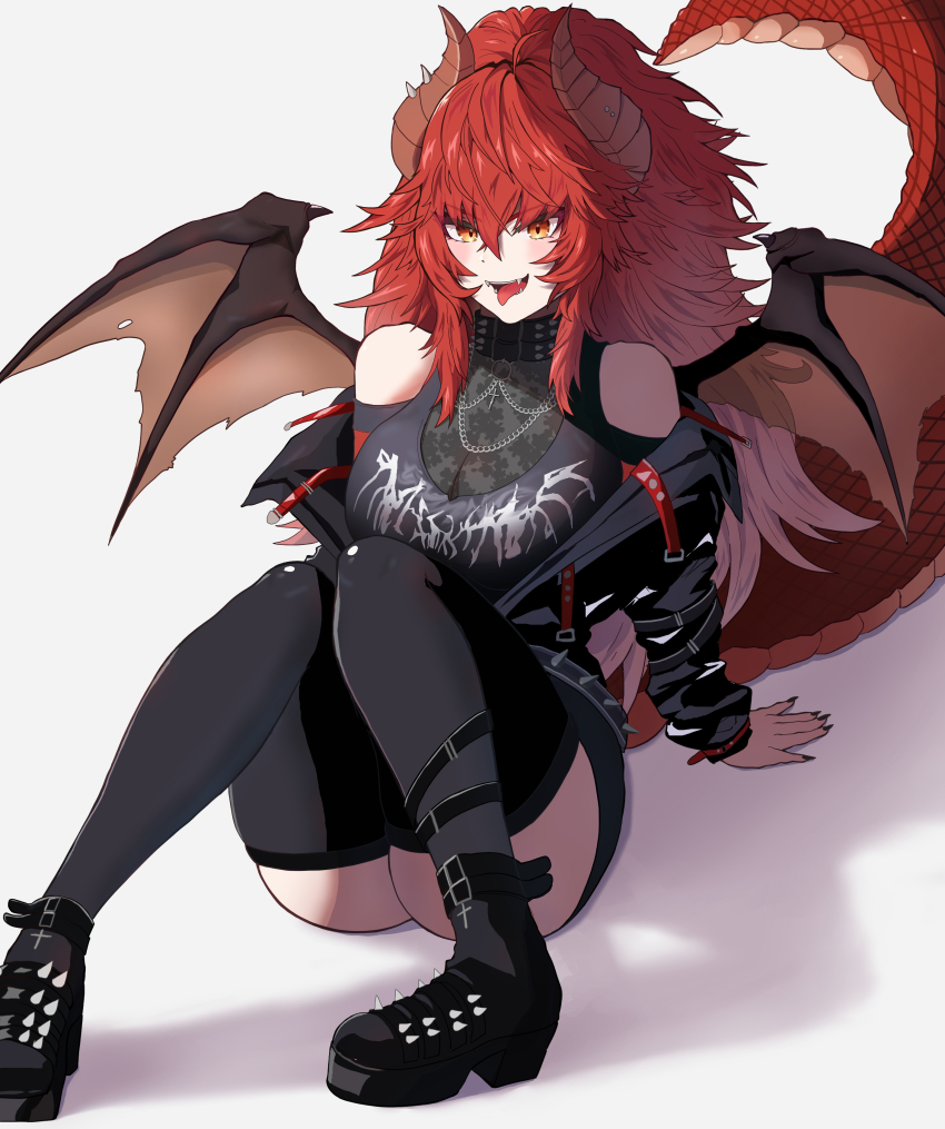 1girl absurdres black_jacket black_nails black_shirt black_shoes black_skirt black_thighhighs breasts character_name cleavage clothes_writing dragon_girl dragon_horns dragon_tail highres horns jacket large_breasts long_hair meibin nail_polish open_mouth red_eyes red_hair shirt shoes skirt smile solo tail thighhighs tongue tongue_out virtual_youtuber vshojo white_background zentreya zentreya_(dragon) zentreya_(dragon)_(metalheads)