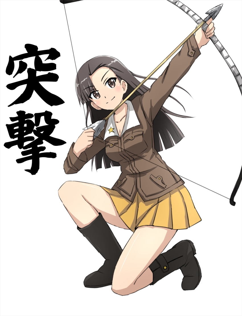1girl arrow_(projectile) asymmetrical_bangs black_boots black_eyes black_hair boots bow_(weapon) brown_jacket chi-hatan_military_uniform closed_mouth commentary drawing_bow full_body girls_und_panzer highres holding holding_bow_(weapon) holding_weapon jacket knee_boots long_hair long_sleeves looking_at_viewer military_uniform miniskirt nishi_kinuyo omachi_(slabco) on_one_knee pleated_skirt simple_background skirt smile solo star_(symbol) straight_hair translated weapon white_background yellow_skirt