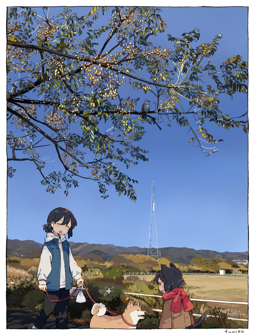 2girls animal_ears bird black_hair blue_jacket blush border branch brown_jacket cat_ears cat_girl cat_tail closed_eyes commentary_request fumiko_(rubra_plumeria) hair_ornament hairclip highres holding holding_leash hood hood_down hoodie jacket leash long_sleeves medium_hair multiple_girls open_clothes open_jacket open_mouth original outdoors pet_walking ponytail red_scarf scarf shiba_inu sidelocks smile tail white_border white_hoodie