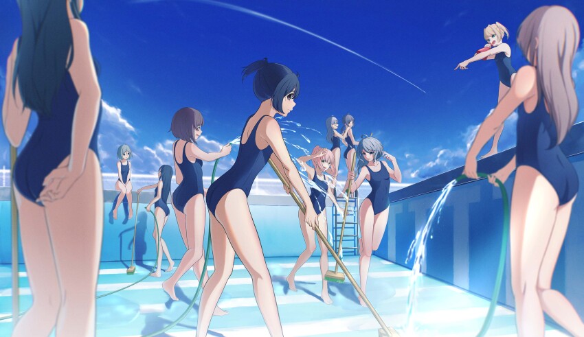 6+girls absurdres ahoge blonde_hair blue_eyes blue_one-piece_swimsuit blue_sky blue_theme broom cleaning_brush day empty_pool grey_hair highres holding holding_broom holding_hose holding_megaphone hose makoto_(makoto_o) megaphone multiple_girls one-piece_swimsuit original outdoors pink_hair pool pool_ladder school_swimsuit sky spraying standing swimsuit