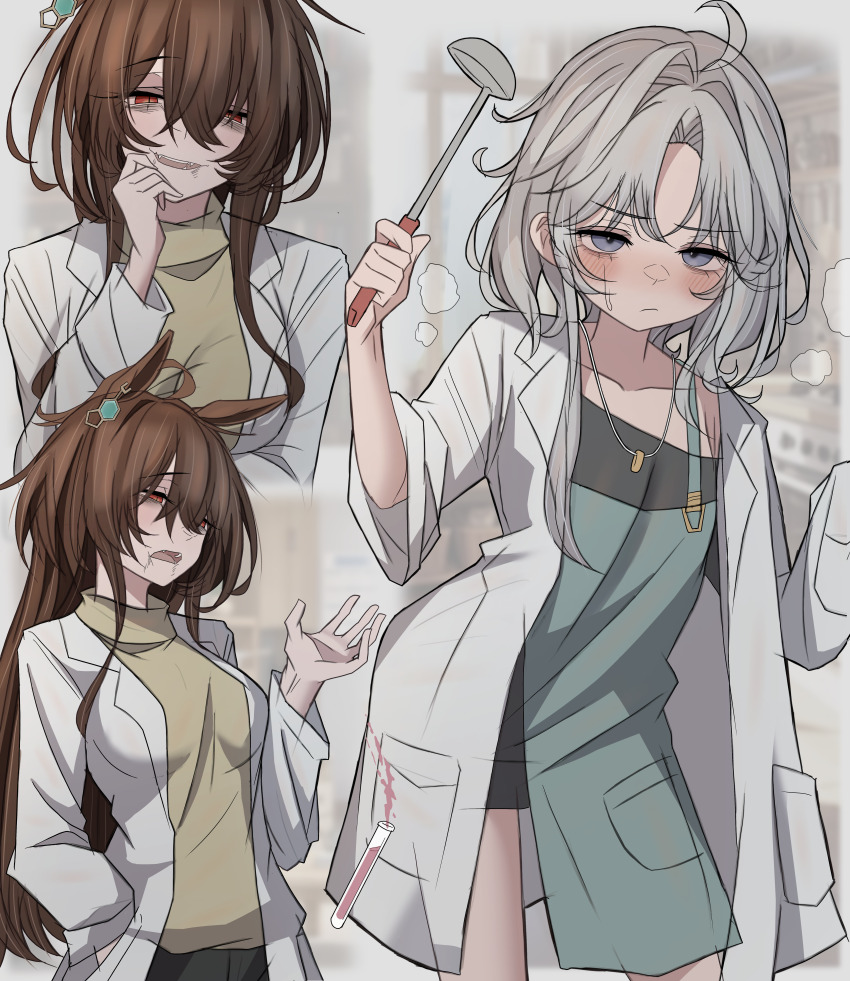 2girls absurdres aged_up agnes_tachyon_(umamusume) ahoge alternate_hair_length alternate_hairstyle antenna_hair apron blurry blurry_background brown_hair collarbone dropping earrings genderswap genderswap_(mtf) green_apron grey_eyes grey_hair hair_between_eyes hair_intakes hand_in_pocket hand_on_own_chin highres holding holding_ladle horse_girl huge_ahoge husband_and_wife jewelry lab_coat ladle leogust long_hair long_sleeves mars_symbol motion_lines multiple_girls necklace red_eyes ring ring_necklace short_hair_with_long_locks sidelocks sigh single_earring slit_pupils spill sweatdrop sweater test_tube textless_version trainer_(umamusume) umamusume variant_set visible_air yellow_sweater