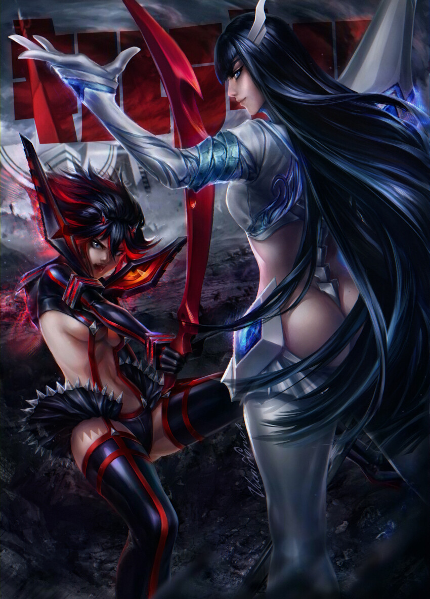 2girls absurdres ass bakuzan black_boots black_hair blue_eyes blurry blurry_foreground boots breasts closed_mouth colored_inner_hair commentary copyright_name cowboy_shot english_commentary gluteal_fold hair_between_eyes hair_ornament hand_up highres holding holding_sword holding_weapon junketsu kamui_(kill_la_kill) kill_la_kill kiryuuin_satsuki legs_apart life_fiber living_clothes long_hair looking_at_viewer matoi_ryuuko medium_breasts microskirt multicolored_hair multiple_girls navel open_mouth red_hair revealing_clothes ruins scissor_blade_(kill_la_kill) senketsu short_hair siblings sisters skirt smile stomach streaked_hair suspenders sword teeth thick_eyebrows thigh_boots two-tone_hair underboob very_long_hair vilkichan weapon white_boots