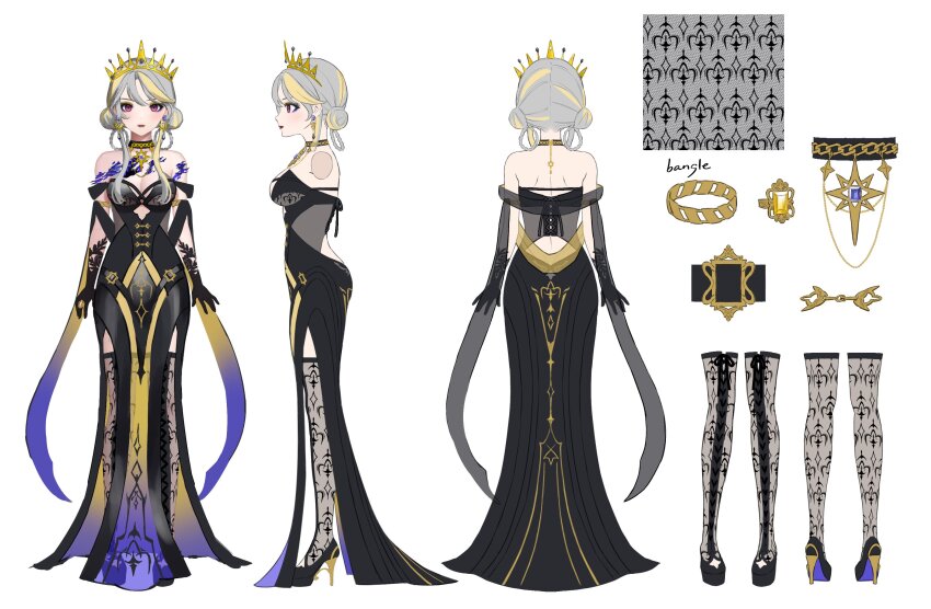 1girl aburage_(motimotigg20) bangle black_choker black_dress black_gloves black_shoes blonde_hair bracelet braid breasts choker cleavage double_bun dress earrings gloves gold_necklace grey_hair hair_bun high_heels highres indie_virtual_youtuber jewelry multicolored_hair multiple_views necklace off-shoulder_dress off_shoulder pelvic_curtain purple_eyes ring second-party_source shoes streaked_hair sunny_splosion thighhighs tiara virtual_youtuber white_background