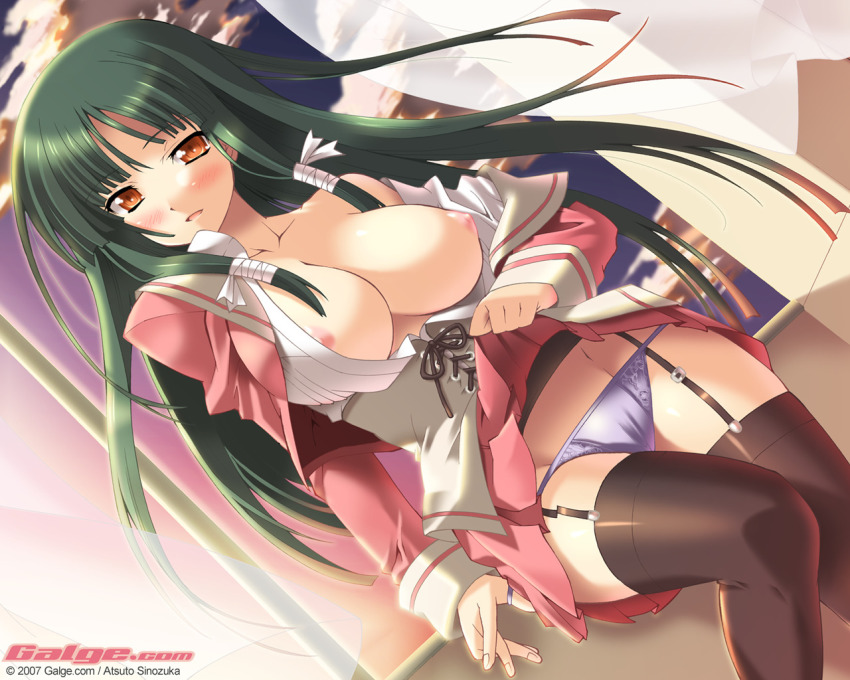 1girl 2007 black_thighhighs blue_panties blush breasts clothes_lift corset dutch_angle female_focus galge.com garter_belt garter_straps green_hair large_breasts lingerie long_hair lowleg lowleg_panties nipples open_clothes open_shirt orange_eyes panties school_uniform serafuku shinozuka_atsuto shirt skirt skirt_lift solo sunset thighhighs underwear undressing wind