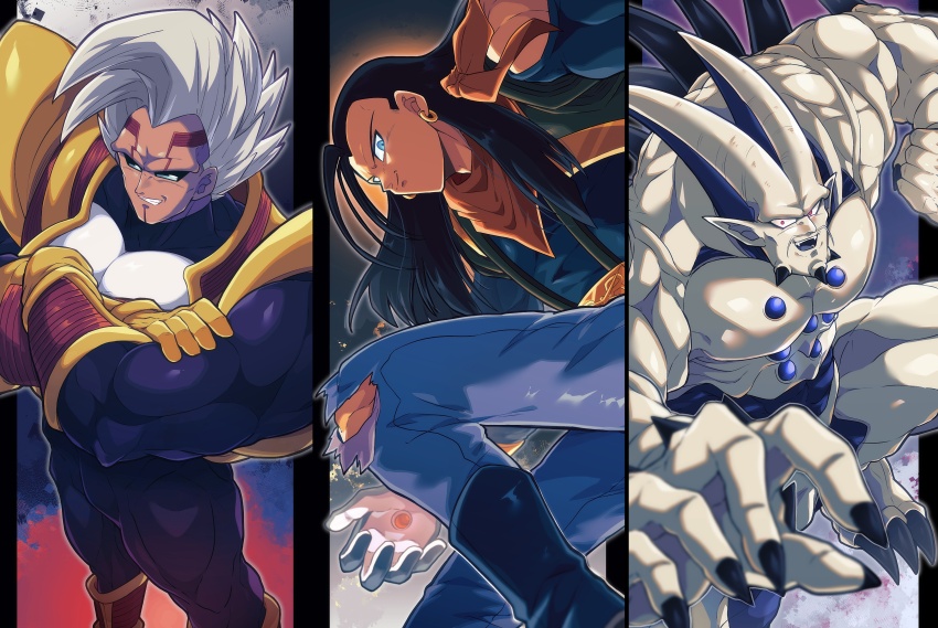 3boys absurdres android android_17 baby_(dragon_ball) baby_vegeta black_bodysuit black_hair black_nails blue_eyes bodysuit closed_mouth colored_skin commentary crossed_arms denim dragon_ball dragon_ball_gt dragon_boy earrings english_commentary facial_mark fangs fingernails from_above gloves gold_earrings grin highres hoop_earrings horns incoming_attack incoming_punch jeans jewelry long_hair looking_at_viewer male_focus multiple_boys muscular muscular_male neckerchief no_pupils omega_shenron open_mouth orange_neckerchief otyumamii pants pointy_ears punching red_eyes sharp_fingernails short_hair smile smirk spiked_hair spikes super_android_17 torn_clothes torn_jeans torn_pants white_hair white_skin yellow_gloves