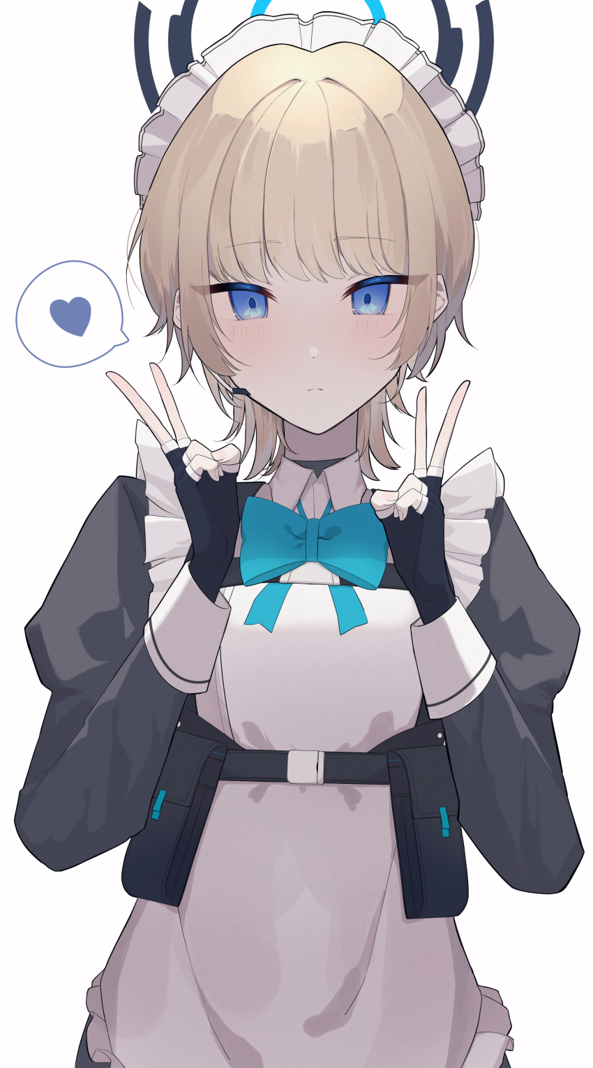 1girl absurdres alternate_hair_length alternate_hairstyle apron aqua_bow aqua_bowtie black_dress black_gloves blonde_hair blue_archive blue_eyes bow bowtie chest_harness commentary double_v dress fingerless_gloves frilled_apron frilled_hairband frills gloves hairband halo harness heart highres maid maid_apron maid_headdress microphone multicolored_halo short_hair spoken_heart sukasusu_51te toki_(blue_archive) v white_apron