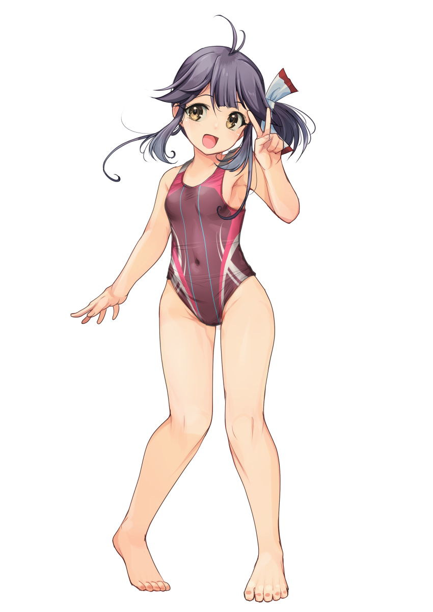 1girl absurdres ahoge barefoot black_hair brown_one-piece_swimsuit commentary_request contrapposto covered_navel full_body hair_ribbon hayanami_(kancolle) highleg highleg_one-piece_swimsuit highres kantai_collection medium_hair multicolored_swimsuit navel one-piece_swimsuit ribbon side_ponytail simple_background standing swimsuit v white_background white_ribbon yashin_(yasinz) yellow_eyes