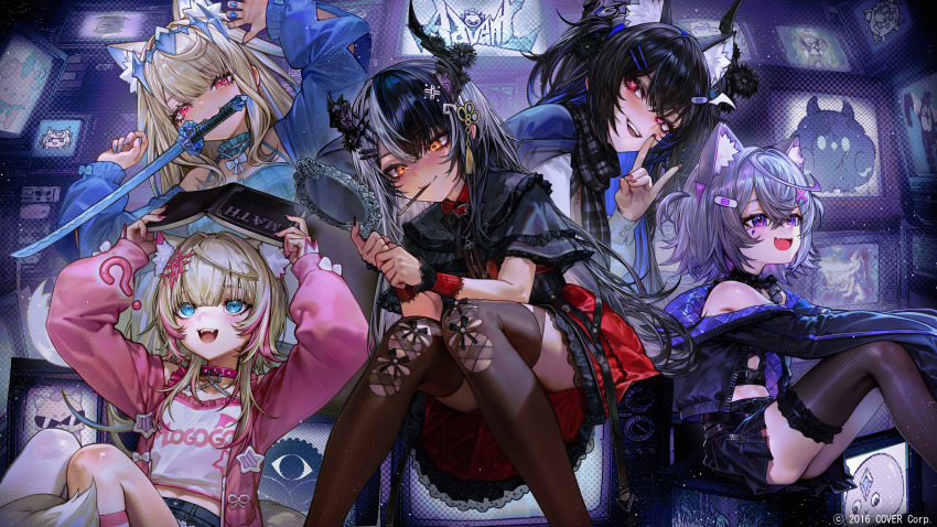 5girls :d ? absurdres alternate_hairstyle animal_ear_fluff animal_ears asymmetrical_horns asymmetrical_legwear bandaid bandaid_hair_ornament black_capelet black_hair black_jacket black_shirt black_skirt black_thighhighs blonde_hair blue_hair blue_jacket blue_shirt blue_skirt blush book brown_thighhighs camisole capelet clothes_writing collar commentary copyright_notice cosplay costume_switch crt demon_horns dog_ears dog_girl dog_tail dress english_commentary fang fangs flower fox_shadow_puppet frilled_camisole frills fuwawa_abyssgard fuwawa_abyssgard_(casual) glasses grey_hair hair_between_eyes hair_ornament hairclip hairstyle_switch hand_mirror highres holding holding_book holoadvent hololive hololive_english hood hooded_jacket horn_flower horns jacket jailbird_(nerissa_ravencroft) katana knees_together_feet_apart koseki_bijou koseki_bijou_(casual) long_hair long_sleeves looking_at_another looking_at_mirror looking_at_viewer miniskirt mirror moai_(koseki_bijou) mococo_abyssgard mococo_abyssgard_(casual) monitor mouth_hold multicolored_hair multiple_girls nail_polish nekodayo22 nerissa_ravencroft nerissa_ravencroft_(casual) official_alternate_costume official_alternate_hairstyle official_art open_mouth pebble_(koseki_bijou) pince-nez pink_eyes pink_jacket pokey_(hololive) purple_eyes red_collar red_dress ruffian_(fuwamoco) shiori_novella shiori_novella_(casual) shirt short_hair siblings single_thighhigh sisters sitting skin_fang skirt smile split-color_hair streaked_hair sword tail thighhighs twins two_side_up uneven_horns uneven_legwear virtual_youtuber weapon white_camisole white_shirt white_thighhighs x_hair_ornament