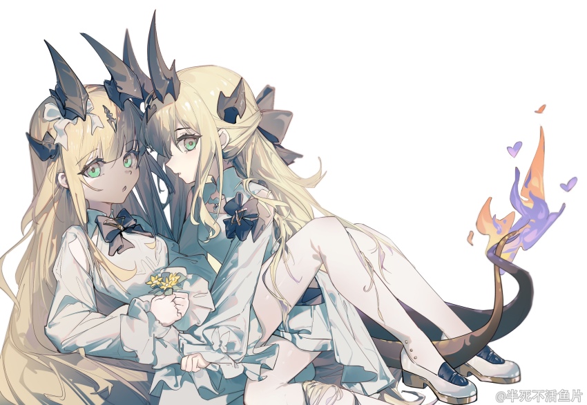 2girls aged_down arknights artist_name bansibuhuo_yu_pian bilibili black_bow black_bowtie blonde_hair blue_dress blue_eyes bow bowtie dragon_girl dragon_tail dress fire flower highres long_hair looking_at_viewer multiple_girls necrass_(arknights) pantyhose reed_(arknights) shoes siblings simple_background sisters tail white_background white_pantyhose white_shoes