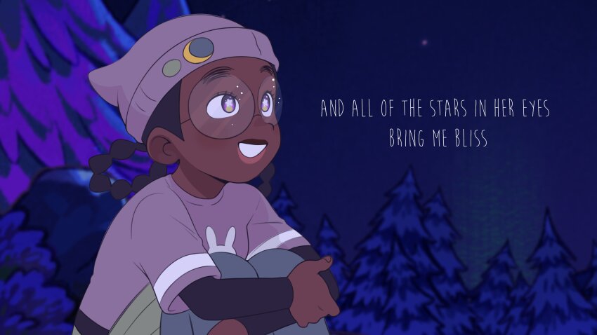 absurdres beanie black_hair bright_pupils dark-skinned_female dark_skin denim eyelashes fingernails glasses hat highres i_don&#039;t_want_to_be_a_magical_girl jeans kiana_mai lips long_sleeves moon_hat_ornament multi-tied_hair pants round_eyewear shirt sitting smile star-shaped_pupils star_(symbol) symbol-shaped_pupils very_dark_skin white_pupils zira_(kiana_mai)