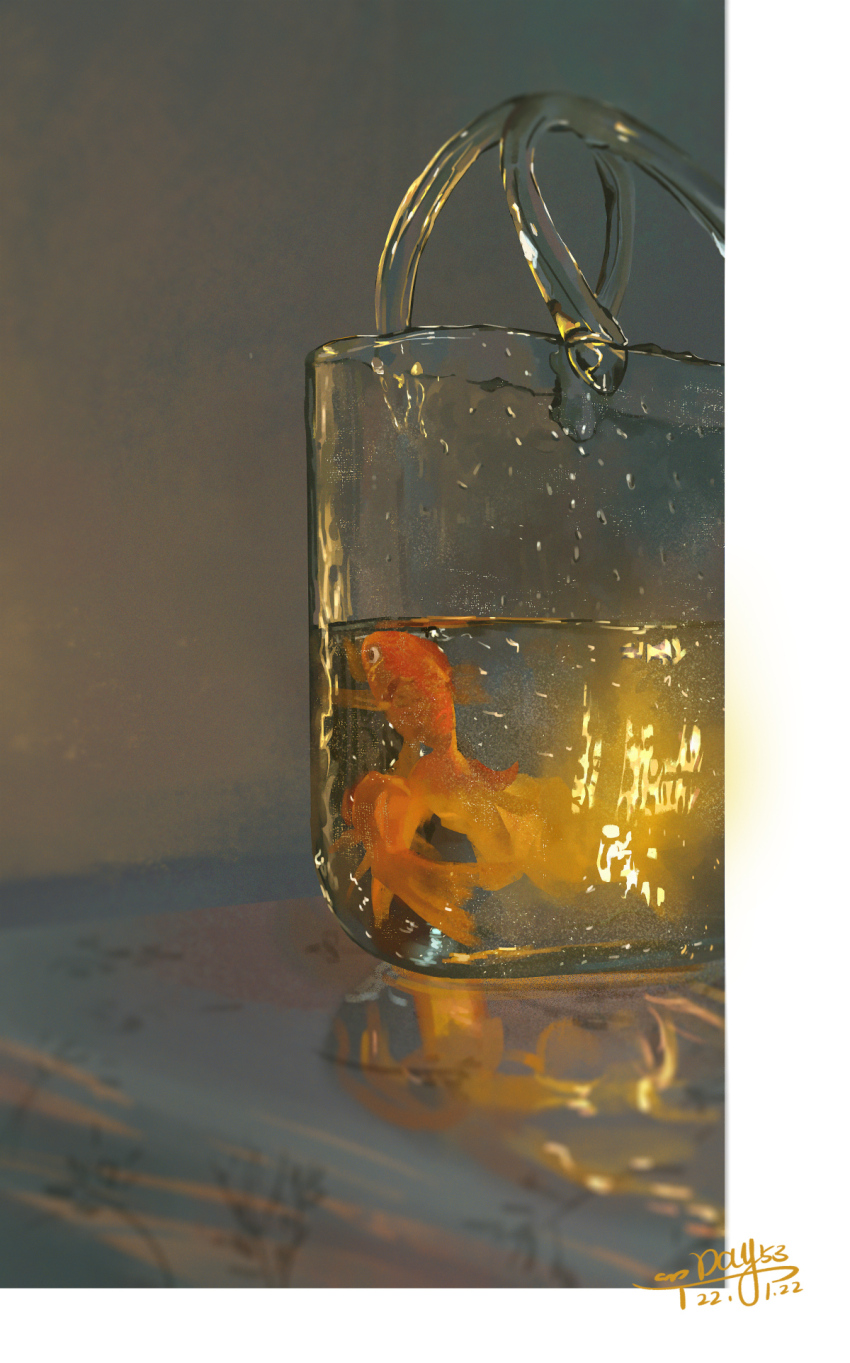 animal_focus bag border bubble chinese_commentary commentary_request dated fish goldfish handbag highres indoors light no_humans original reflection sanshui_guantang signature table transparent_bag water white_border