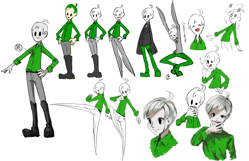 0_0 1boy ^_^ absurdres ahoge black_boots black_eyes black_jacket blade_arm blazer boots breast_pocket buttons closed_eyes closed_mouth collared_jacket collared_shirt colored_skin cropped_legs cropped_torso denim dizzy flat_color forehead full_body green_hair green_pants green_shirt green_shoes grey_hair grey_pants grey_shirt hand_on_own_chin hand_on_own_hip hands_on_own_hips highres jacket jeans kicking king_olly knee_boots knee_up lapels logo long_sleeves male_focus mario_(series) multiple_views mumumu57hiro nervous nintendo notched_lapels open_mouth pants paper_mario paper_mario:_the_origami_king personification pocket reference_sheet scar scar_on_face scar_on_forehead scissors_(paper_mario) seeing_stars shirt shoes short_hair simple_background sleeve_cuffs sleeves_past_fingers sleeves_past_wrists smile solid_oval_eyes star_(symbol) teeth upper_teeth_only white_background white_hair white_skin