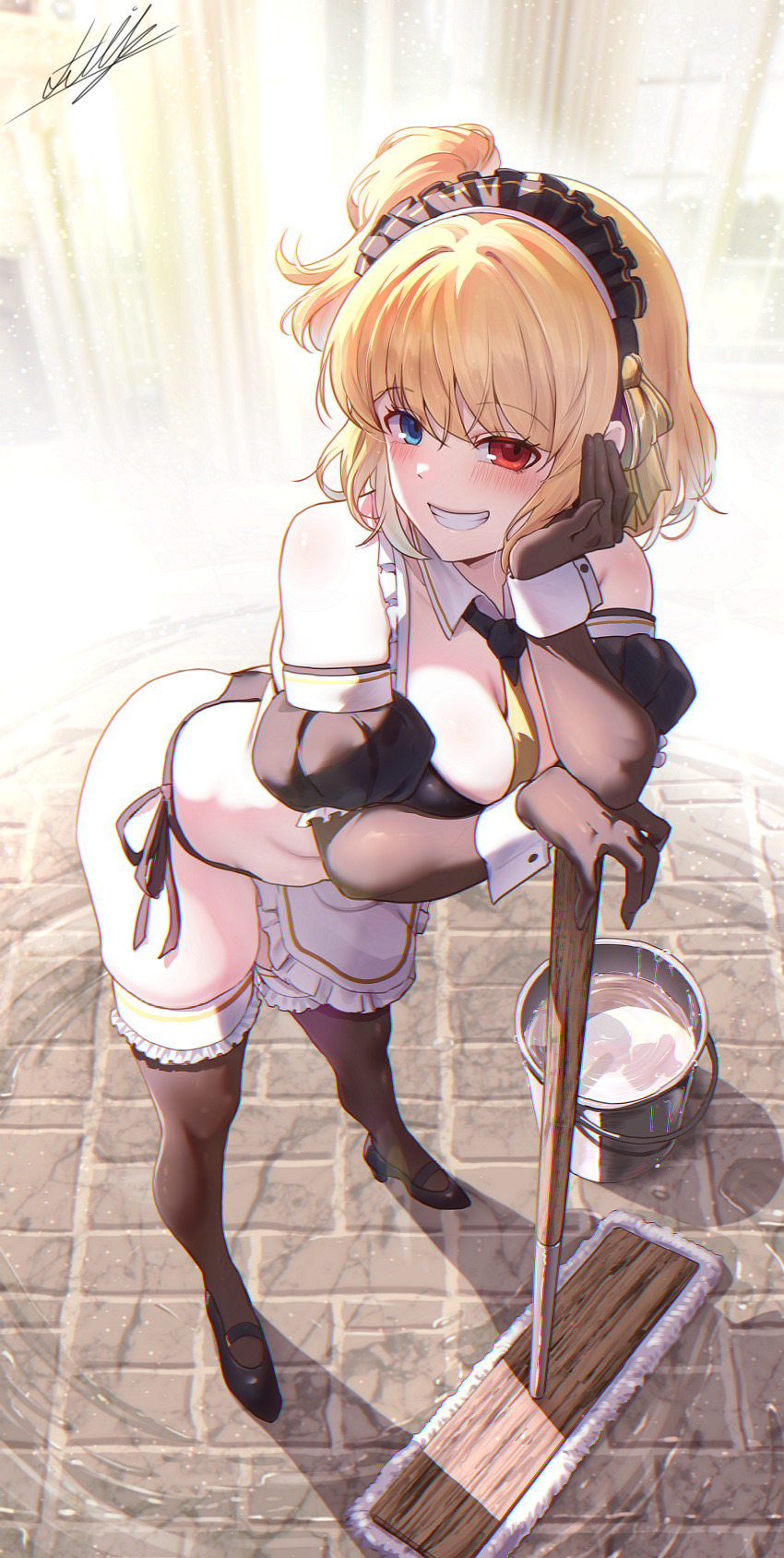 1girl absurdres apron bare_shoulders bent_over between_breasts bikini black_bikini black_footwear blonde_hair blue_eyes breasts brown_gloves brown_thighhighs bucket cleavage commission detached_collar detached_sleeves elbow_gloves frilled_bikini frills full_body gloves grin hand_up heterochromia high_heels highres holding holding_mop looking_at_viewer maid maid_apron maid_bikini maid_headdress medium_breasts mop necktie necktie_between_breasts one_side_up original pinkmarine red_eyes short_hair short_sleeves side-tie_bikini_bottom smile solo standing stomach string_bikini swimsuit thighhighs unconventional_maid waist_apron wrist_cuffs