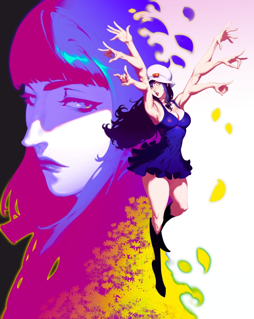1girl absurdres arms_up black_boots black_hair blue_dress blue_eyes blunt_bangs boots closed_mouth commentary devil_fruit_power dress extra_arms eyewear_on_head eyewear_on_headwear full_body hana_hana_no_mi hat highres long_hair looking_at_viewer multiple_views nico_robin nico_robin_(dressrosa) nico_robin_(water_7) one_piece red_lips solo white_hat zelus