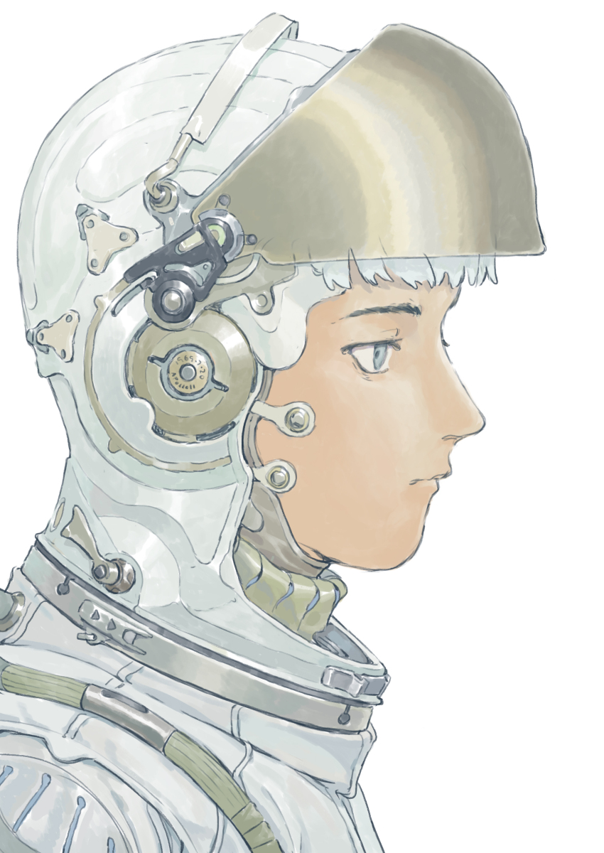 1boy absurdres chenrong96 closed_mouth expressionless grey_eyes grey_hair highres male_focus original portrait profile short_hair simple_background solo spacesuit white_background