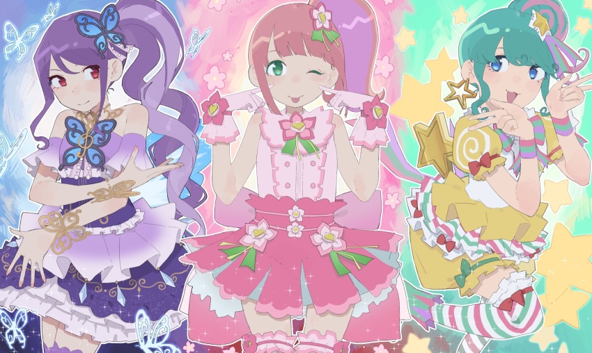 3girls bad_id bad_twitter_id bare_shoulders blue_eyes butterfly_hair_ornament center_frills closed_mouth column_lineup commentary_request cowboy_shot double_w dress fingers_to_cheeks flower frills gloves green_eyes hair_bun hair_flower hair_ornament hands_up highres idol_clothes junon_(pripara) kanon_(pripara) kemura_(puripurinea) long_hair looking_at_viewer multicolored_hair multiple_girls one_eye_closed open_mouth pink_flower pink_gloves pink_hair pink_shirt pink_skirt pinon_(pripara) pretty_series pripara puffy_short_sleeves puffy_sleeves purple_dress purple_hair red_eyes shirt short_sleeves side_ponytail sidelocks single_side_bun skirt smile standing standing_on_one_leg star_(symbol) streaked_hair striped_clothes striped_thighhighs thighhighs tongue tongue_out w yellow_dress