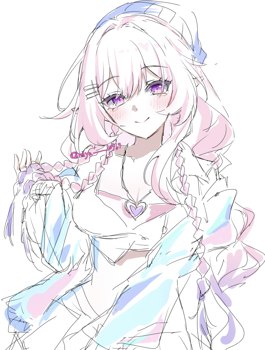 1girl absurdres blush commentary_request crop_top cyrene_(honkai:_star_rail) cyrene_(ripples_of_past_reverie)_(honkai:_star_rail) heart heart_necklace highres honkai:_star_rail honkai_(series) jewelry looking_at_viewer midriff miyu_10969 necklace pink_hair pointy_ears purple_eyes simple_background smile solo twitter_username white_background