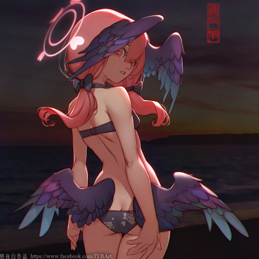 1girl beach bikini black_bikini black_bow black_wings blue_archive bow butt_crack floral_print from_behind hair_bow halo head_wings koharu_(blue_archive) koharu_(swimsuit)_(blue_archive) looking_at_viewer looking_back low_wings medium_hair night night_sky official_alternate_costume outdoors pink_halo sky solo swimsuit twintails watermark web_address wings zhaoyebai